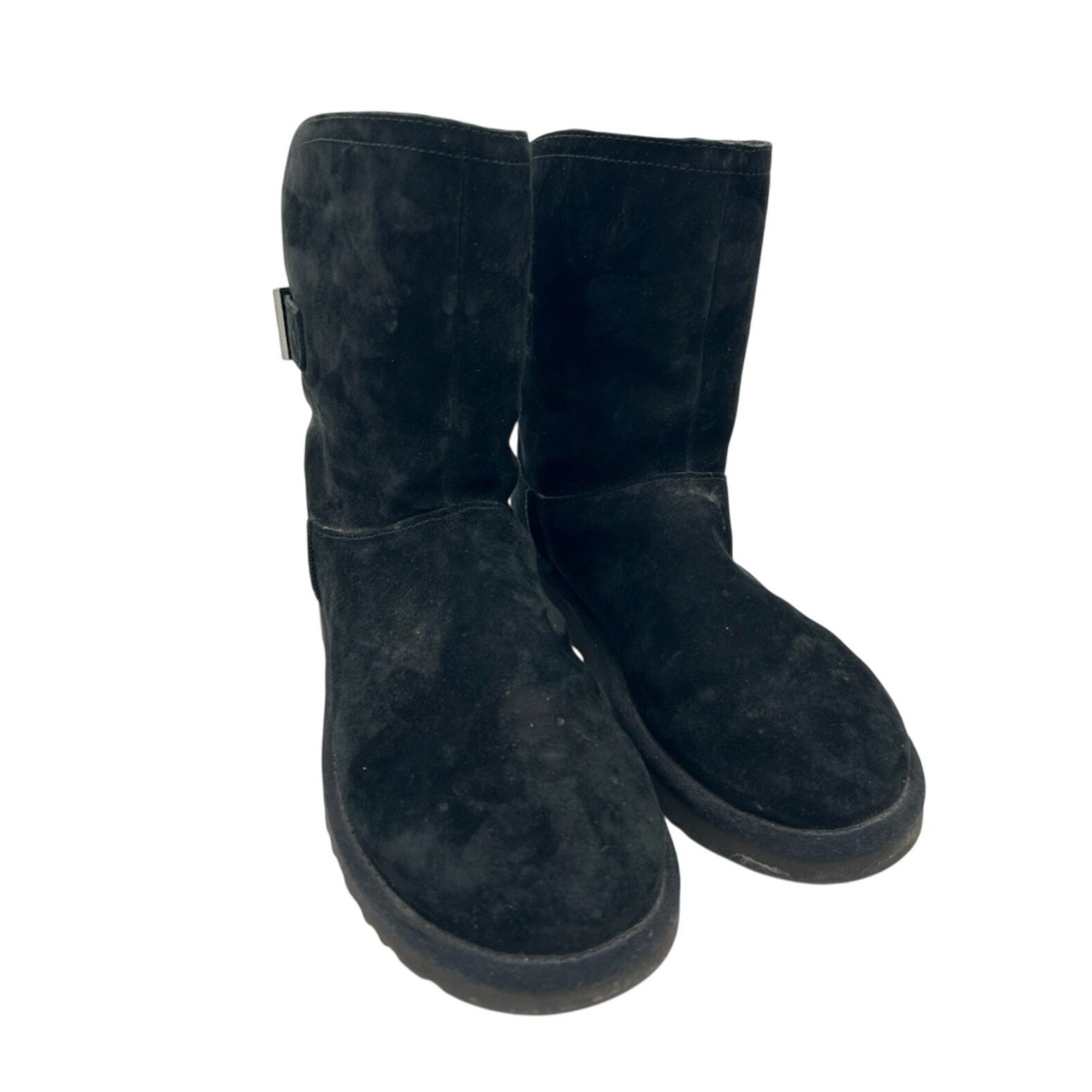 Ugg Buckle Boots Women's Size 9 Black Leather Suede Shearling Mid Calf